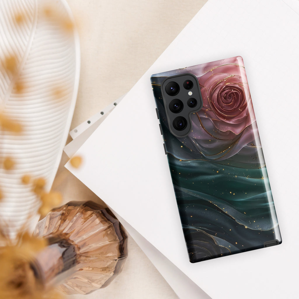 Elegant Rose Marble Tough Case for Samsung Galaxy S22 Ultra – Dual Layer Protective Phone Case (Glossy or Matte)