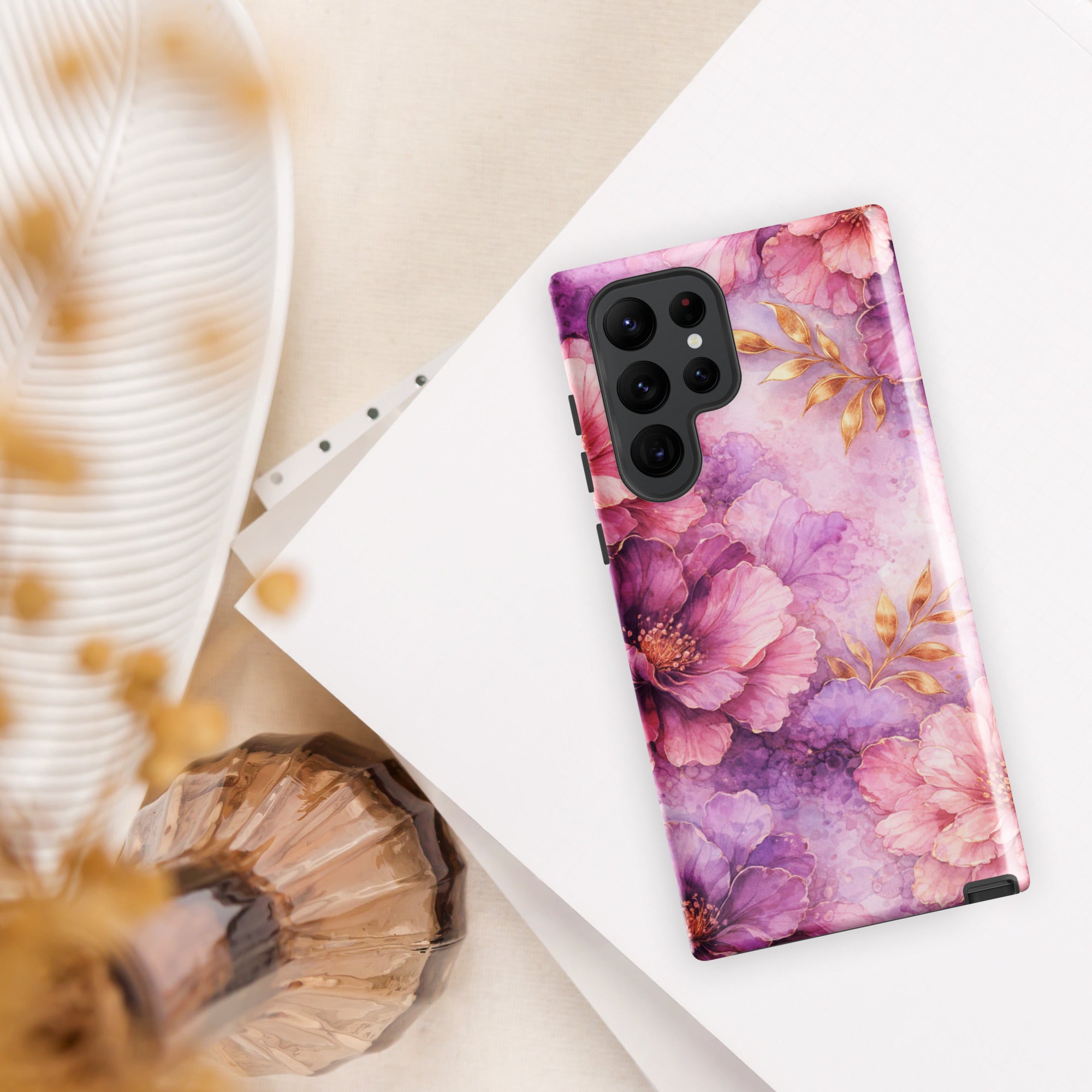 Pink Watercolor Floral Tough Case for Samsung Galaxy S22 Ultra