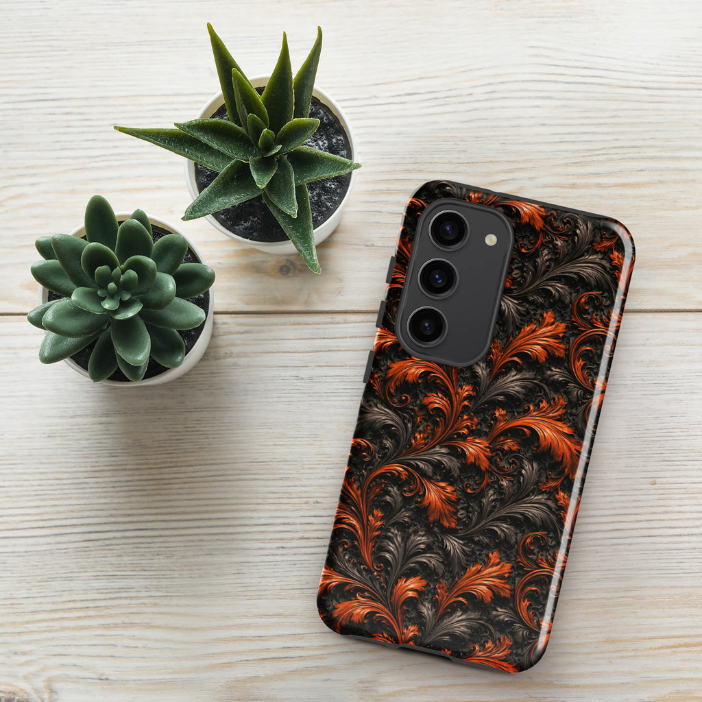 Burnt Orange Filigree Tough Case for Samsung Galaxy S23 – Dual Layer Protective Phone Case (Glossy or Matte)