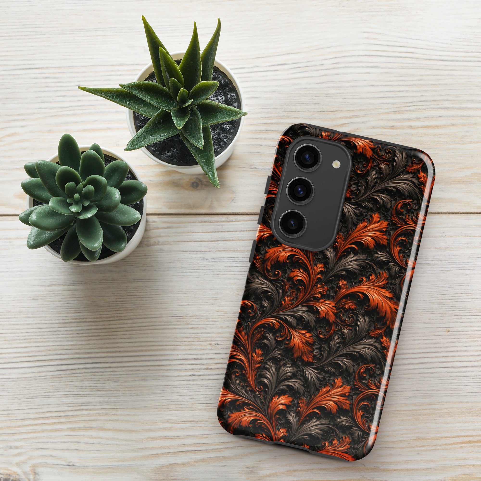 Burnt Orange Filigree Tough Case for Samsung Galaxy S23 – Dual Layer Protective Phone Case (Glossy or Matte)