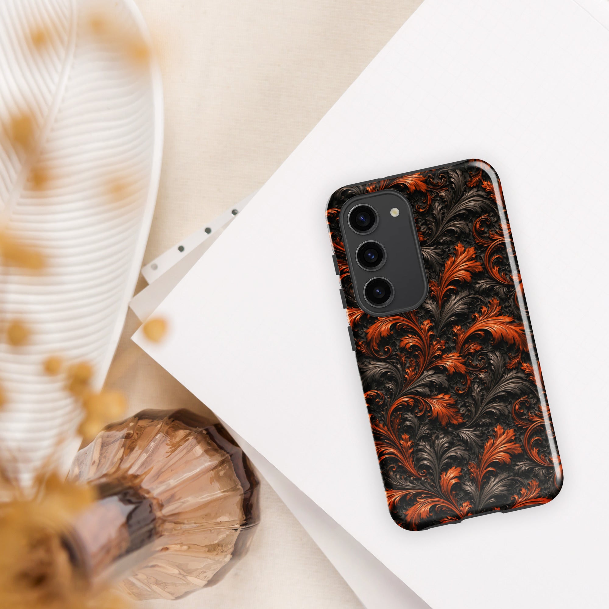 Burnt Orange Filigree Tough Case for Samsung Galaxy S23 – Dual Layer Protective Phone Case (Glossy or Matte)