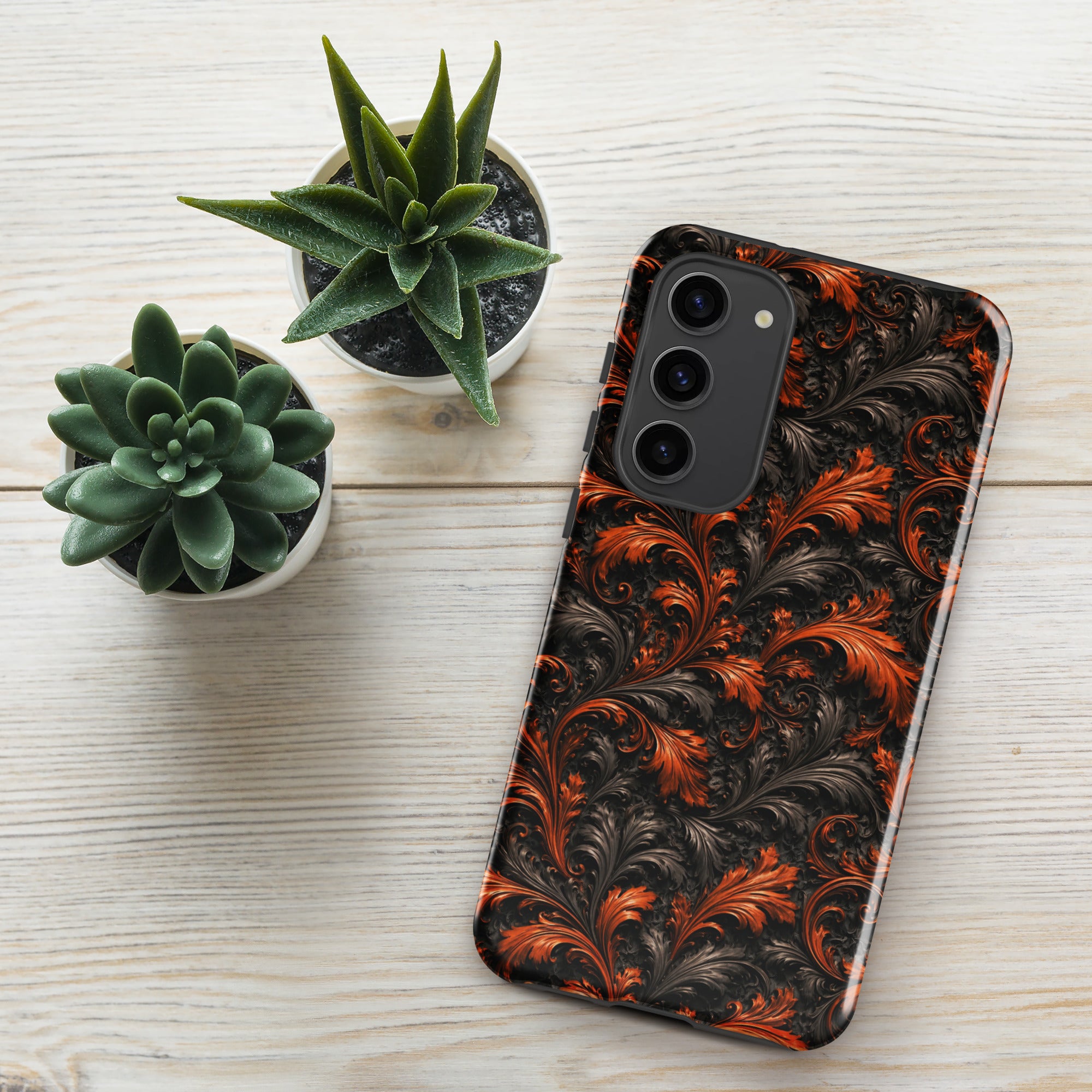 Burnt Orange Filigree Tough Case for Samsung Galaxy S23 Plus – Dual Layer Protective Phone Case (Glossy or Matte)