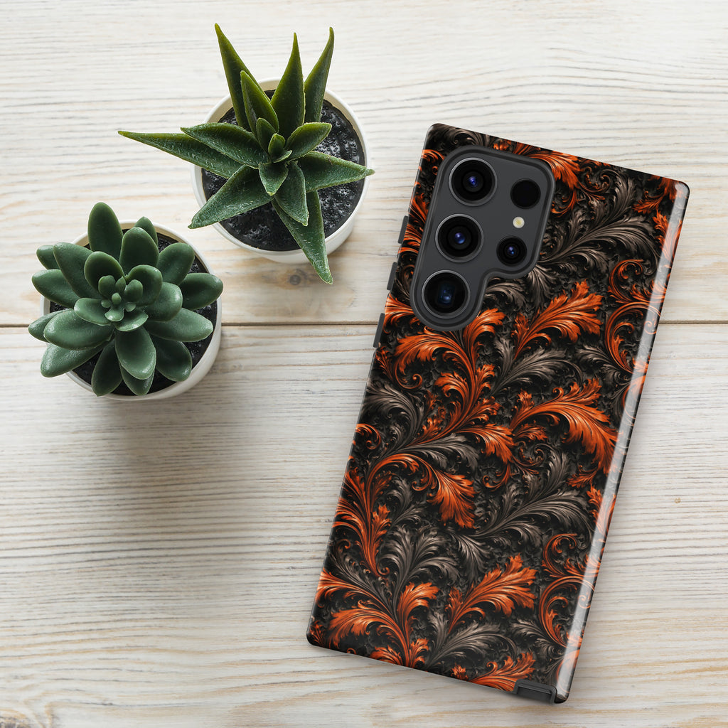 Burnt Orange Filigree Tough Case for Samsung Galaxy S23 Ultra – Dual Layer Protective Phone Case (Glossy or Matte)