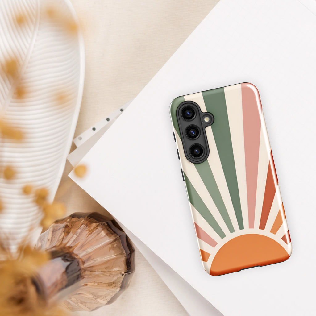Retro Sunrise Tough Case for Samsung Galaxy S24 – Dual Layer Protective Phone Case (Glossy or Matte)
