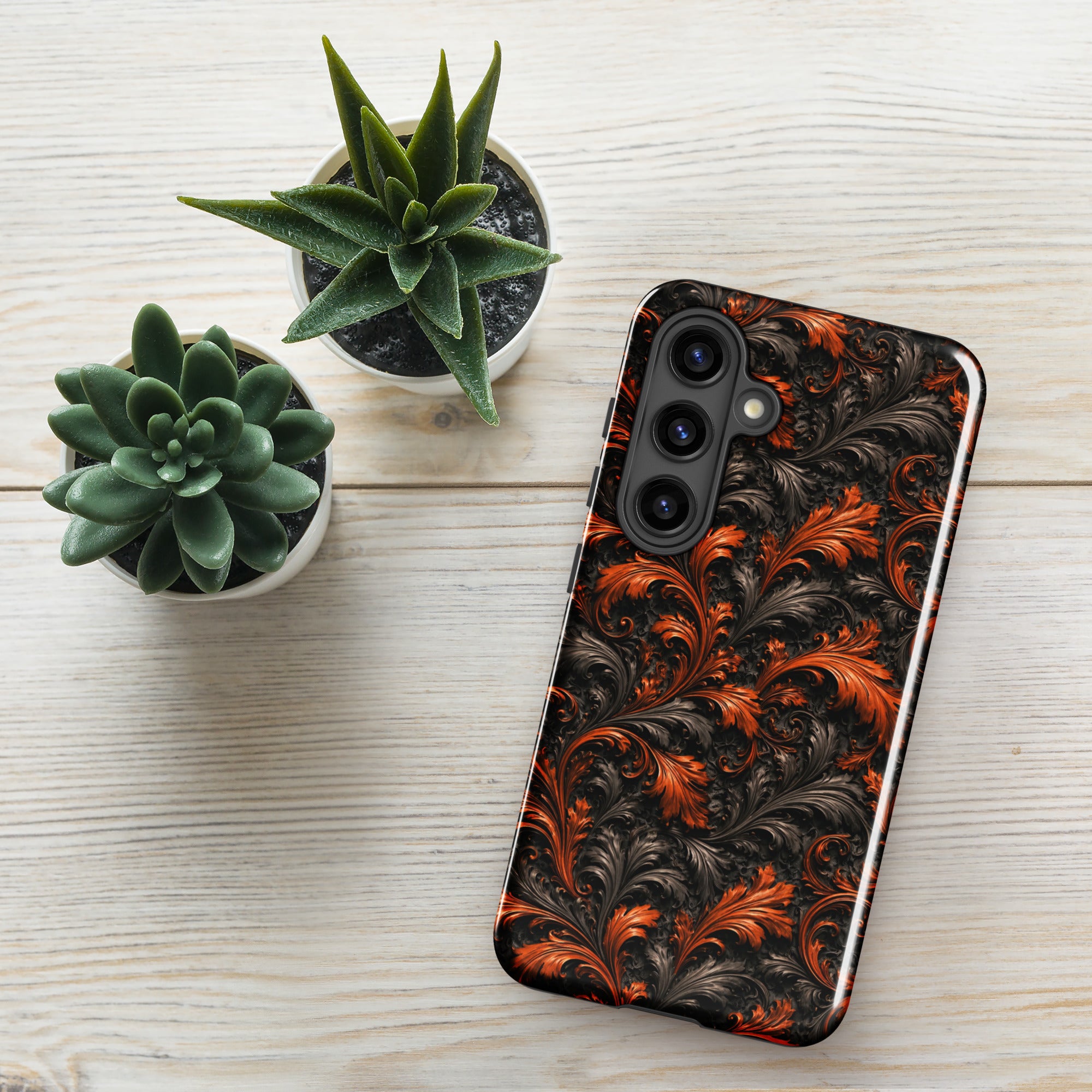 Burnt Orange Filigree Tough Case for Samsung Galaxy S24 – Dual Layer Protective Phone Case (Glossy or Matte)