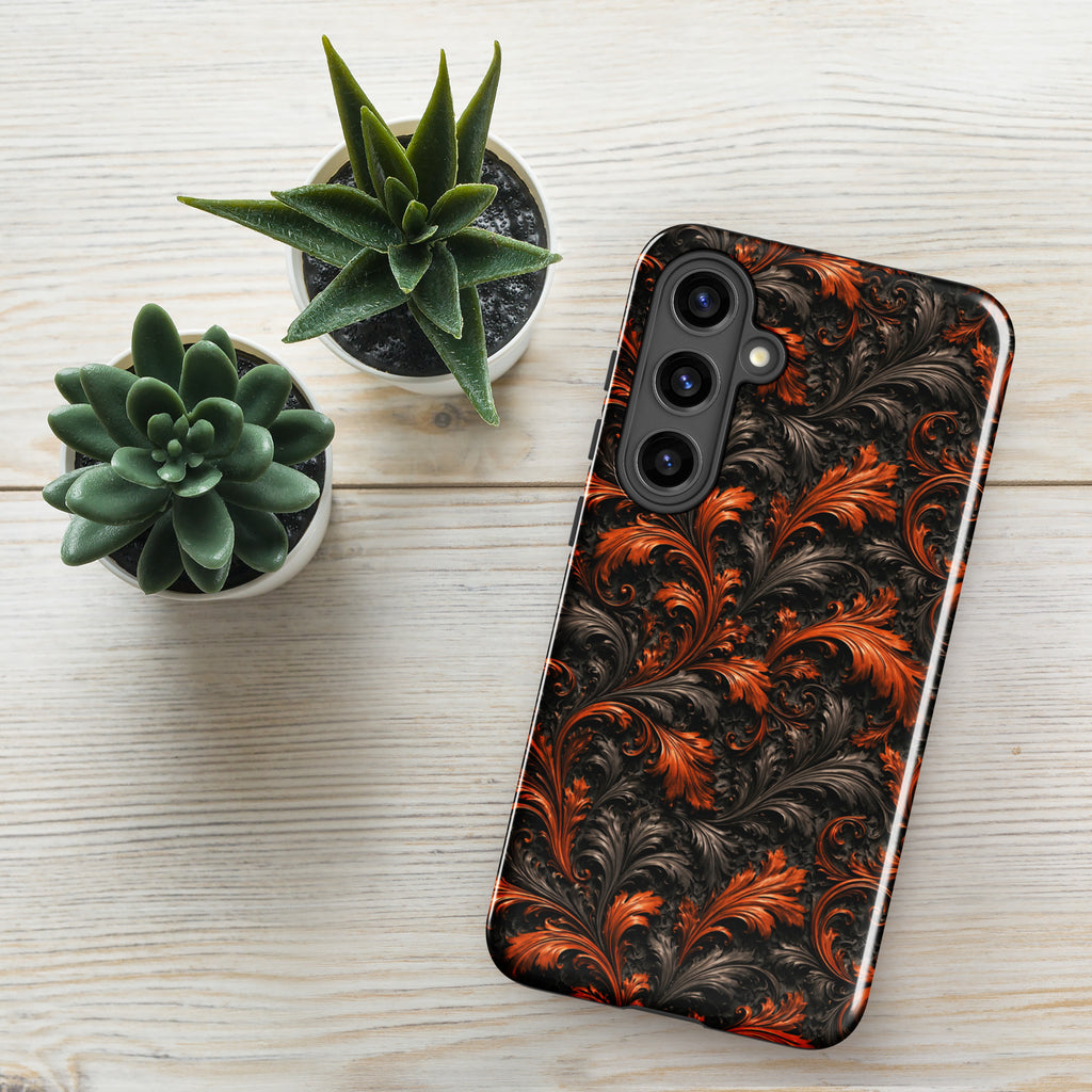 Burnt Orange Filigree Tough Case for Samsung Galaxy S24 Plus – Dual Layer Protective Phone Case (Glossy or Matte)
