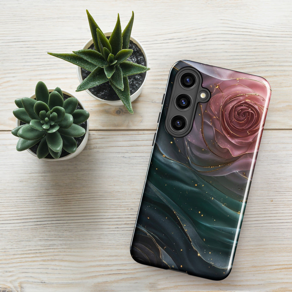 Elegant Rose Marble Tough Case for Samsung Galaxy S24 Plus – Dual Layer Protective Phone Case (Glossy or Matte)