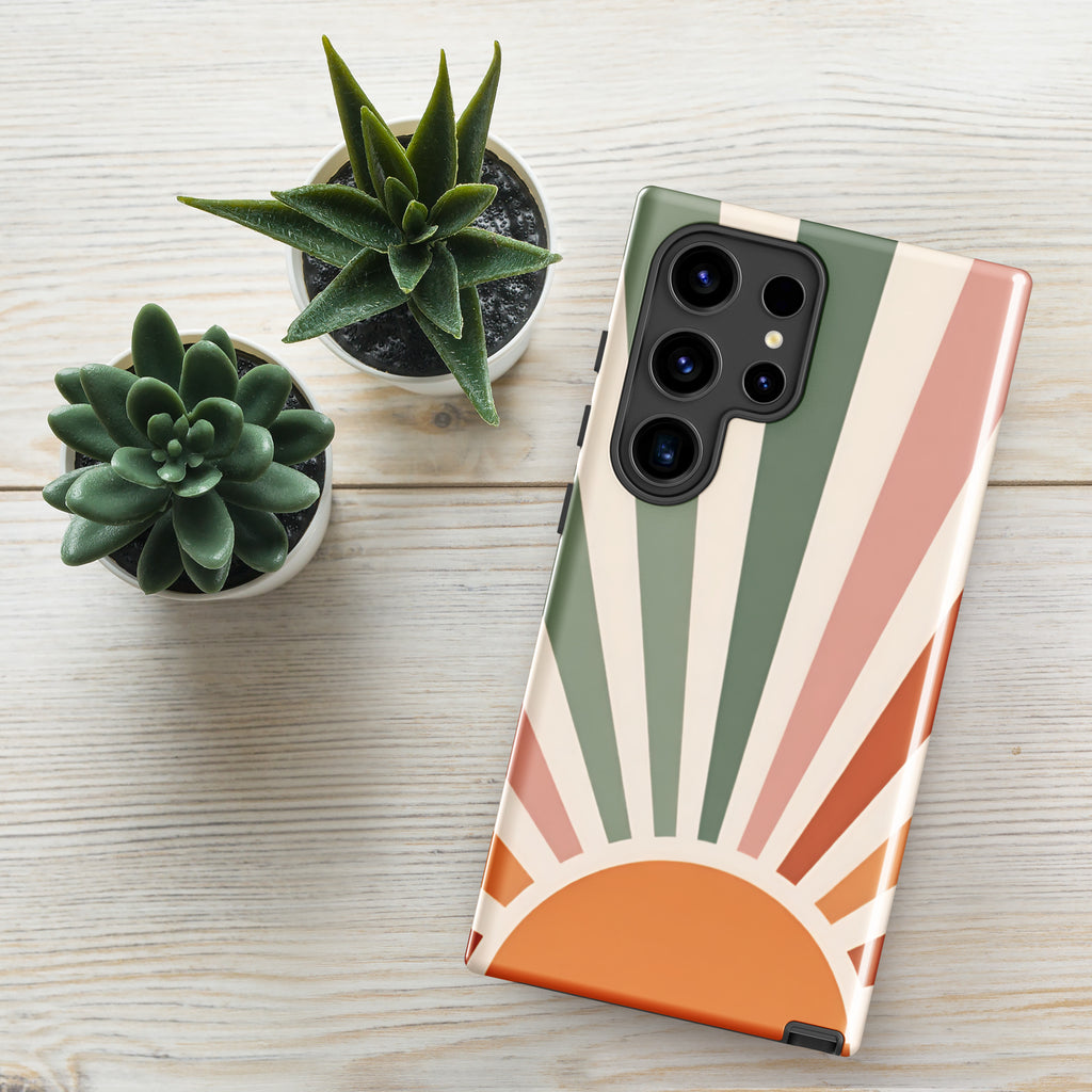Retro Sunrise Tough Case for Samsung Galaxy S24 Ultra – Dual Layer Protective Phone Case (Glossy or Matte)