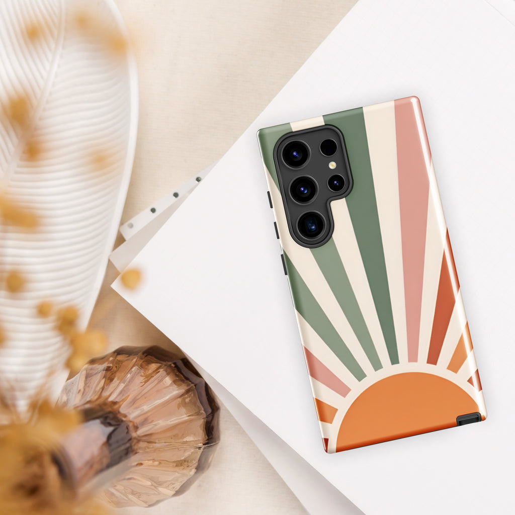 Retro Sunrise Tough Case for Samsung Galaxy S24 Ultra – Dual Layer Protective Phone Case (Glossy or Matte)