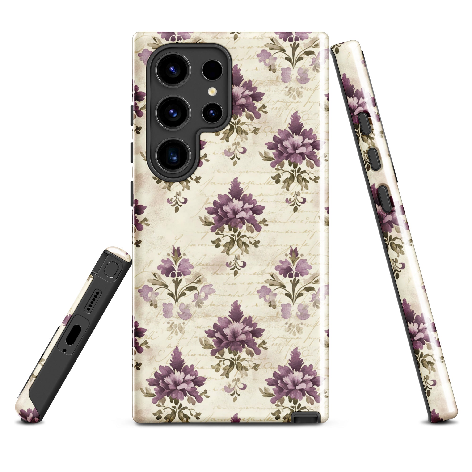Vintage Floral Damask Tough Case for Samsung Galaxy S24 Ultra – Dual Layer Protective Phone Case (Glossy or Matte)