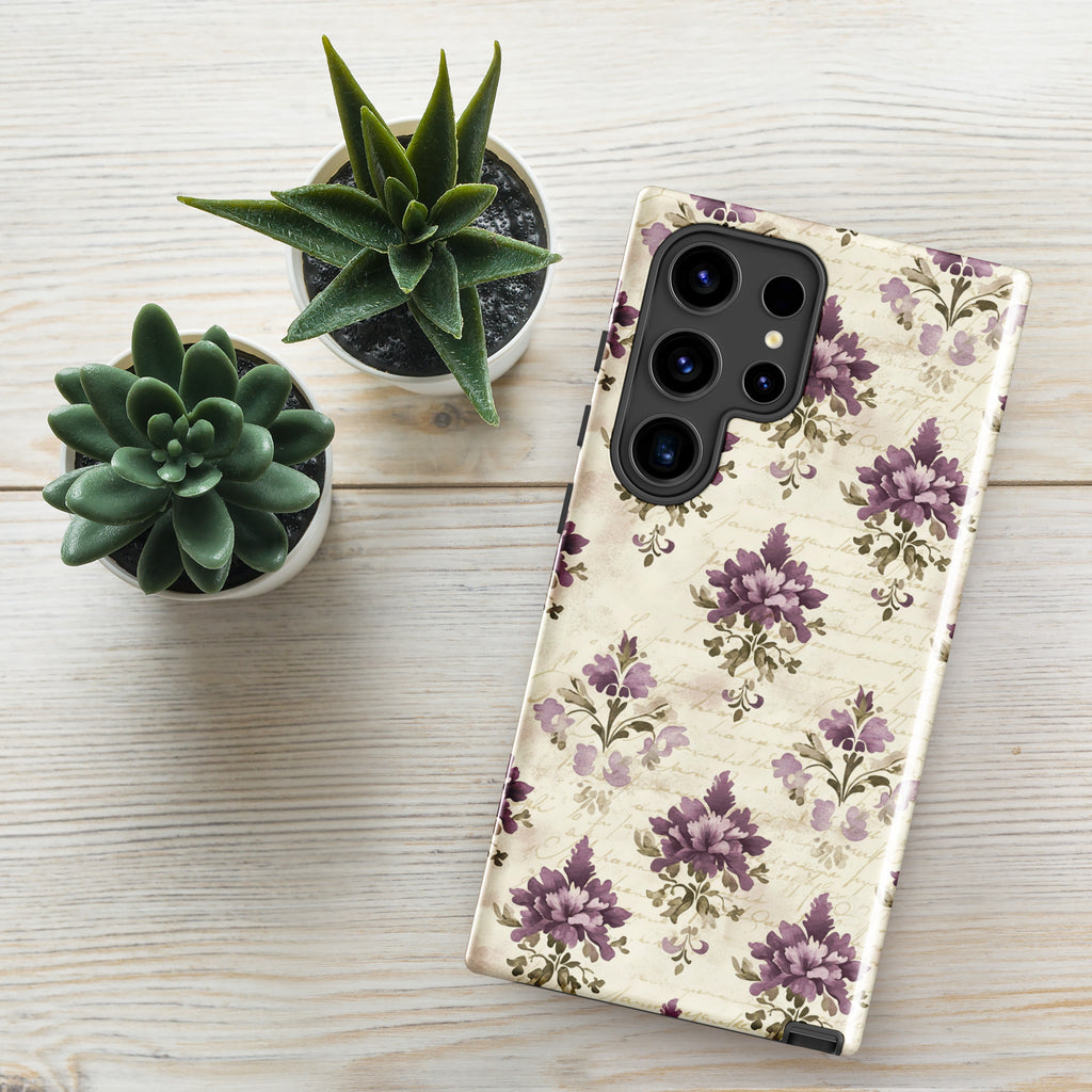 Vintage Floral Damask Tough Case for Samsung Galaxy S24 Ultra – Dual Layer Protective Phone Case (Glossy or Matte)