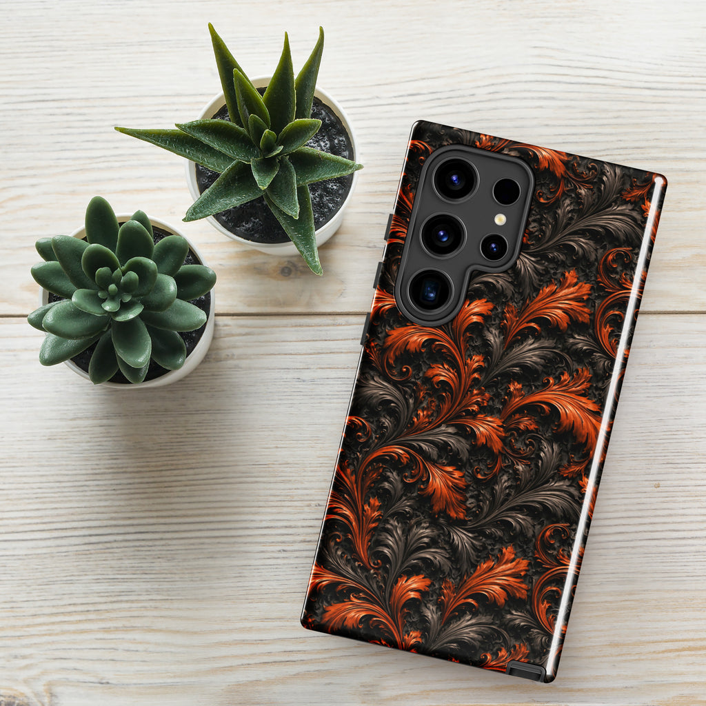 Burnt Orange Filigree Tough Case for Samsung Galaxy S24 Ultra – Dual Layer Protective Phone Case (Glossy or Matte)
