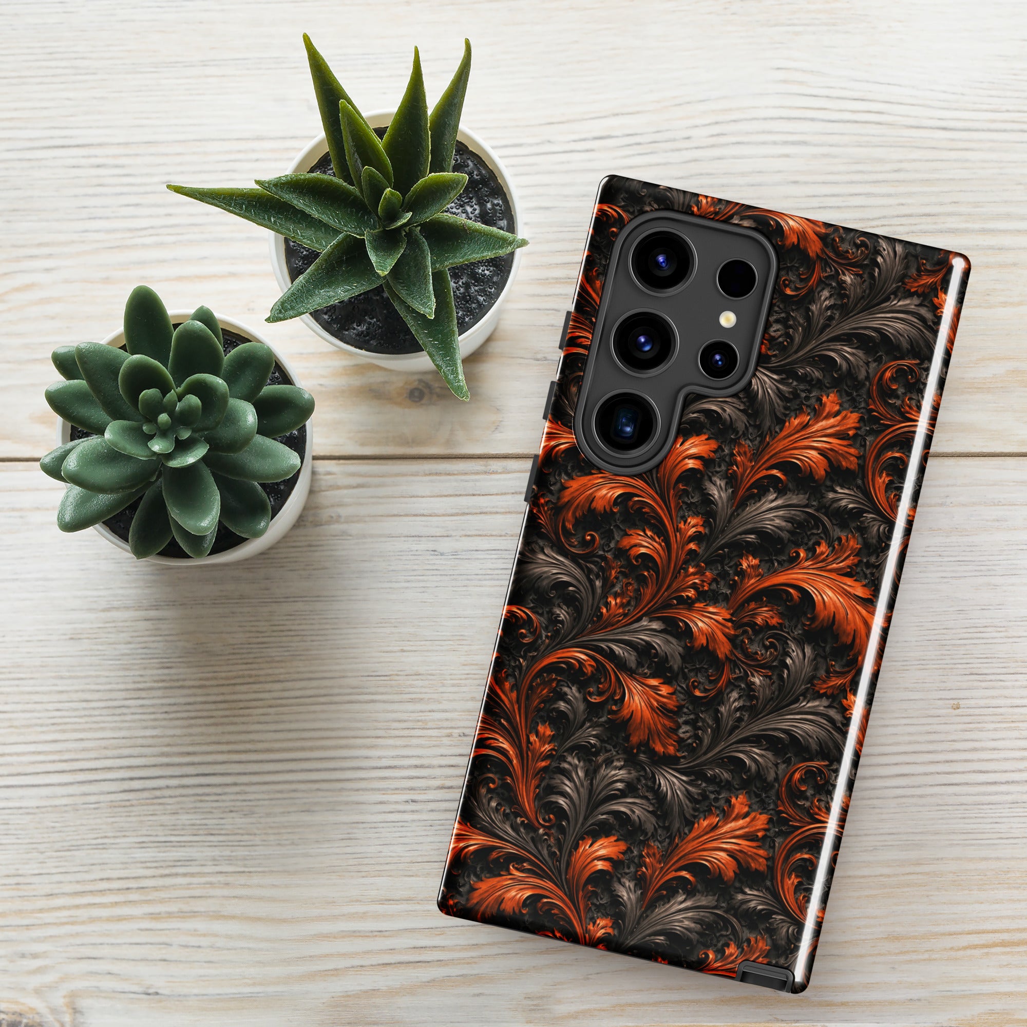Burnt Orange Filigree Tough Case for Samsung Galaxy S24 Ultra – Dual Layer Protective Phone Case (Glossy or Matte)