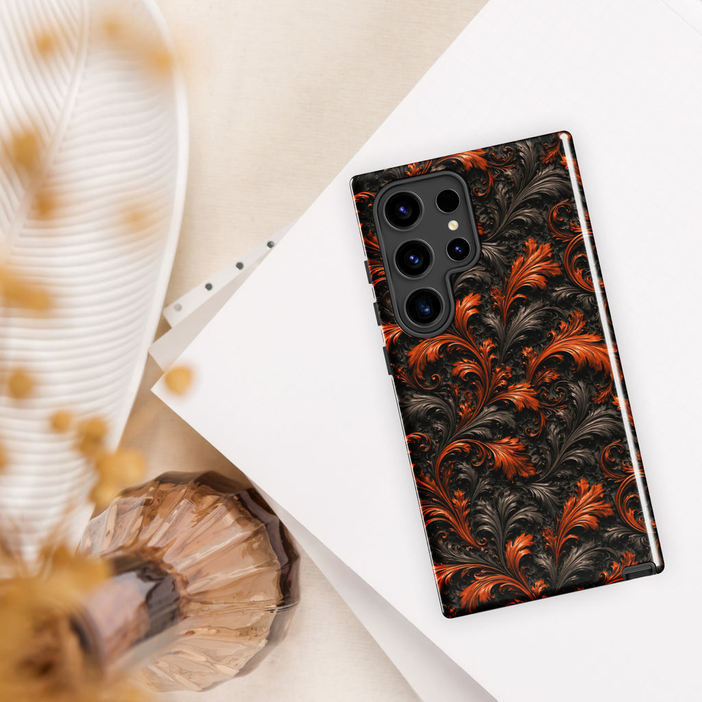 Burnt Orange Filigree Tough Case for Samsung Galaxy S24 Ultra – Dual Layer Protective Phone Case (Glossy or Matte)