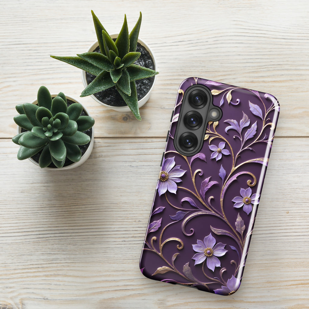 Royal Violet Filigree Tough Case for Samsung Galaxy S25 – Dual Layer Protective Phone Case (Glossy or Matte)