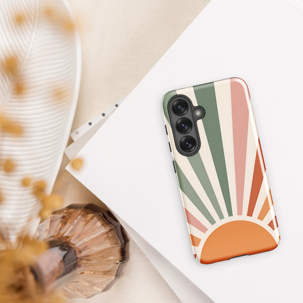 Retro Sunrise Tough Case for Samsung Galaxy S25 – Dual Layer Protective Phone Case (Glossy or Matte)