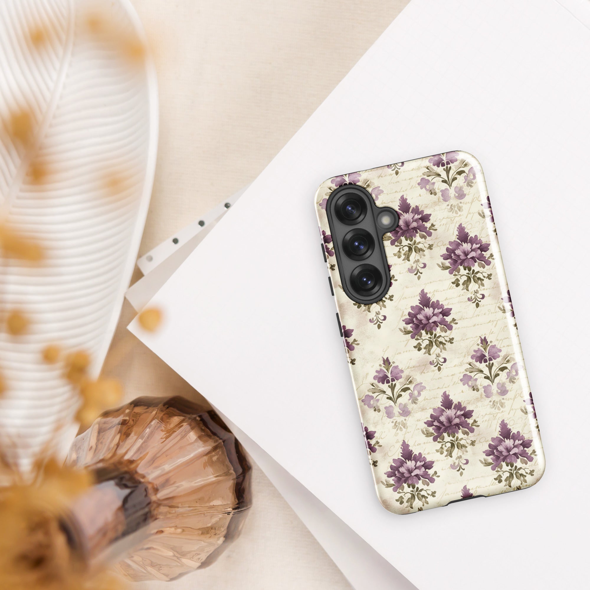 Vintage Floral Damask Tough Case for Samsung Galaxy S25 – Dual Layer Protective Phone Case (Glossy or Matte)