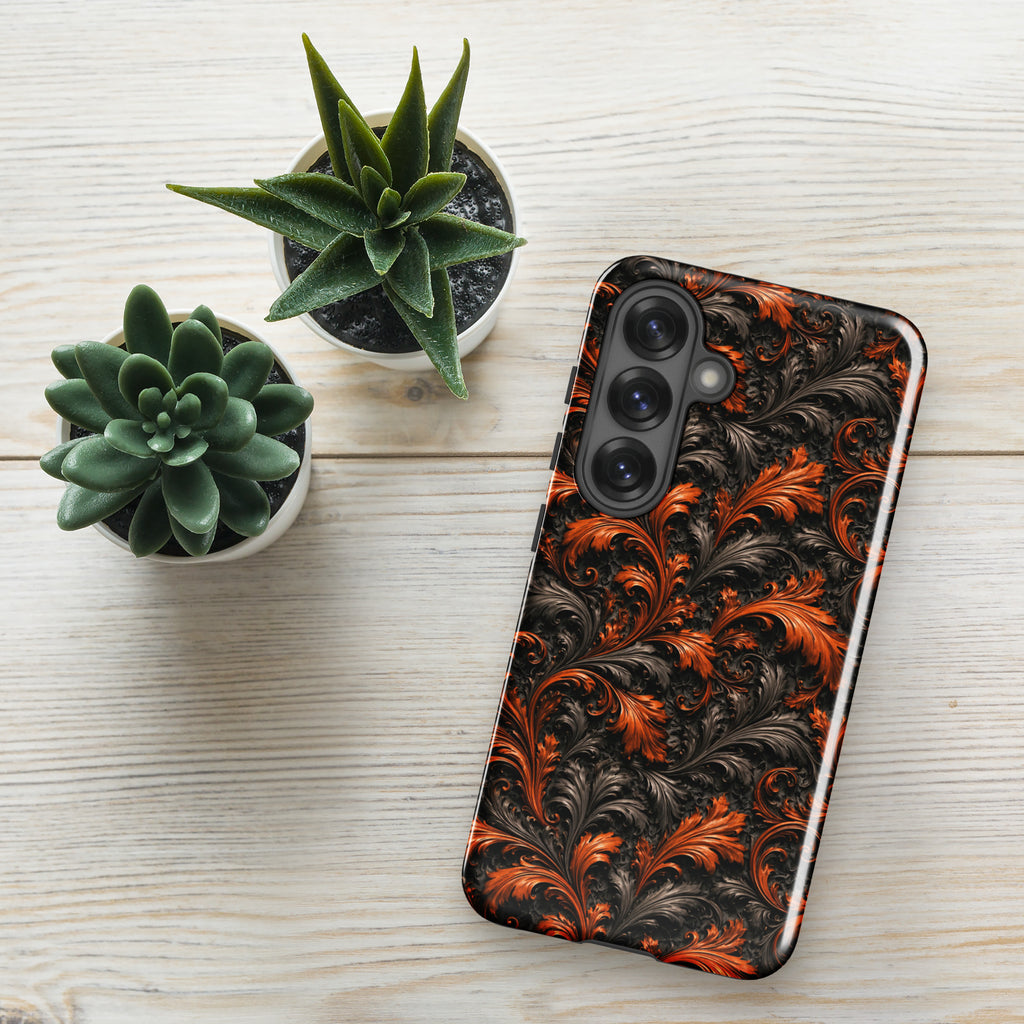 Burnt Orange Filigree Tough Case for Samsung Galaxy S25 – Dual Layer Protective Phone Case (Glossy or Matte)