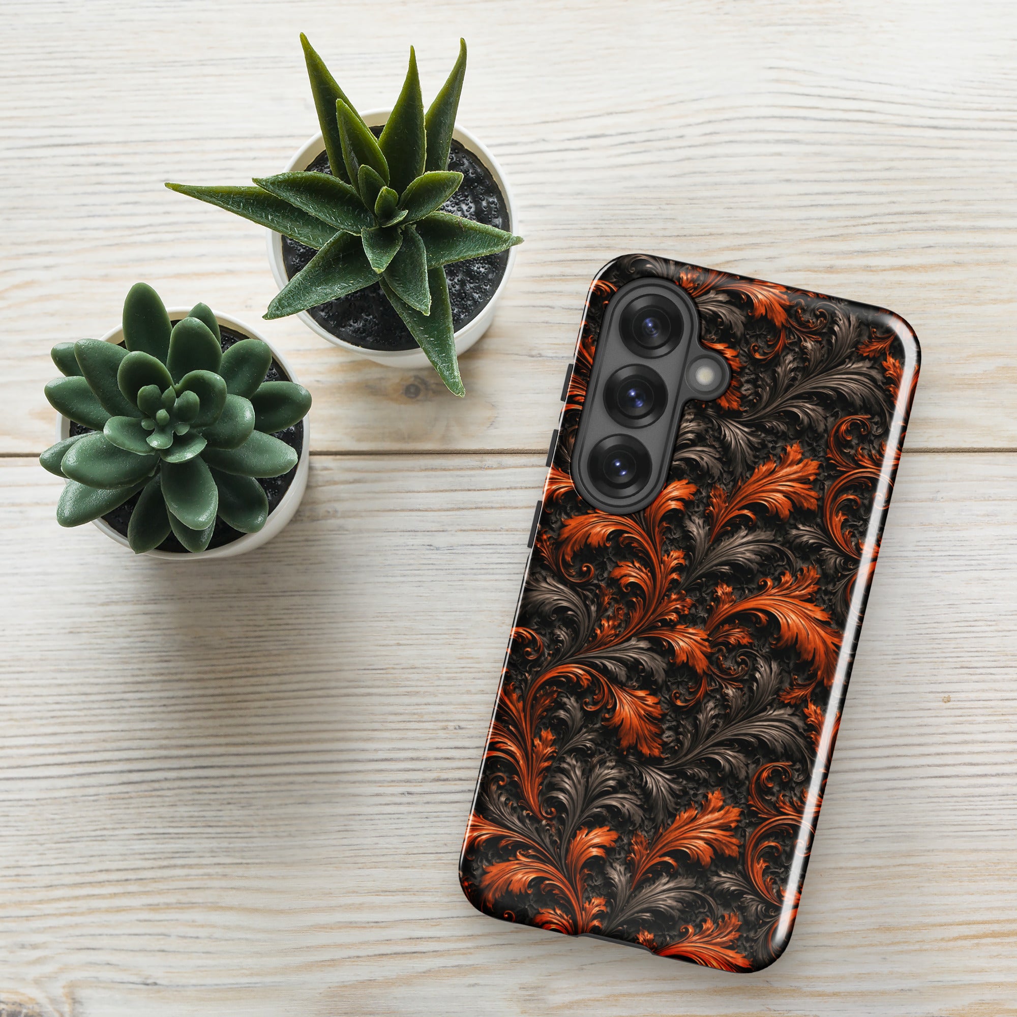 Burnt Orange Filigree Tough Case for Samsung Galaxy S25 – Dual Layer Protective Phone Case (Glossy or Matte)