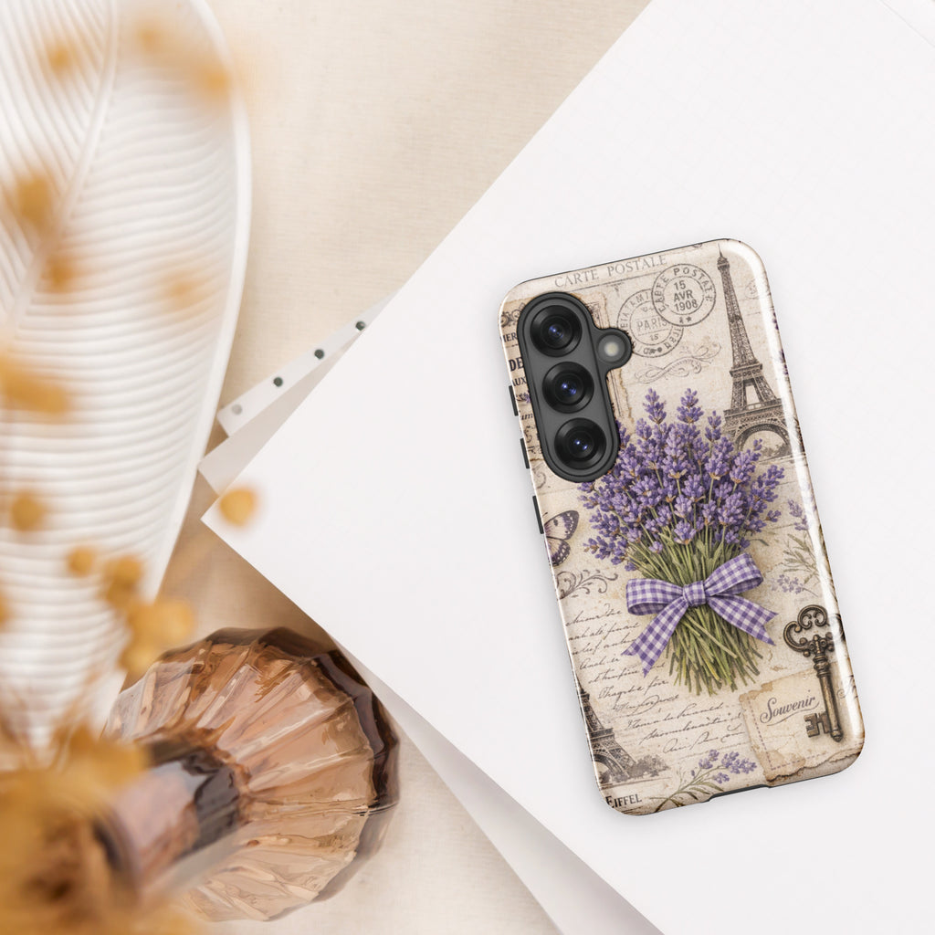 Vintage Paris Lavender Tough Case for Samsung Galaxy S25 – Dual Layer Protective Phone Case (Glossy or Matte)
