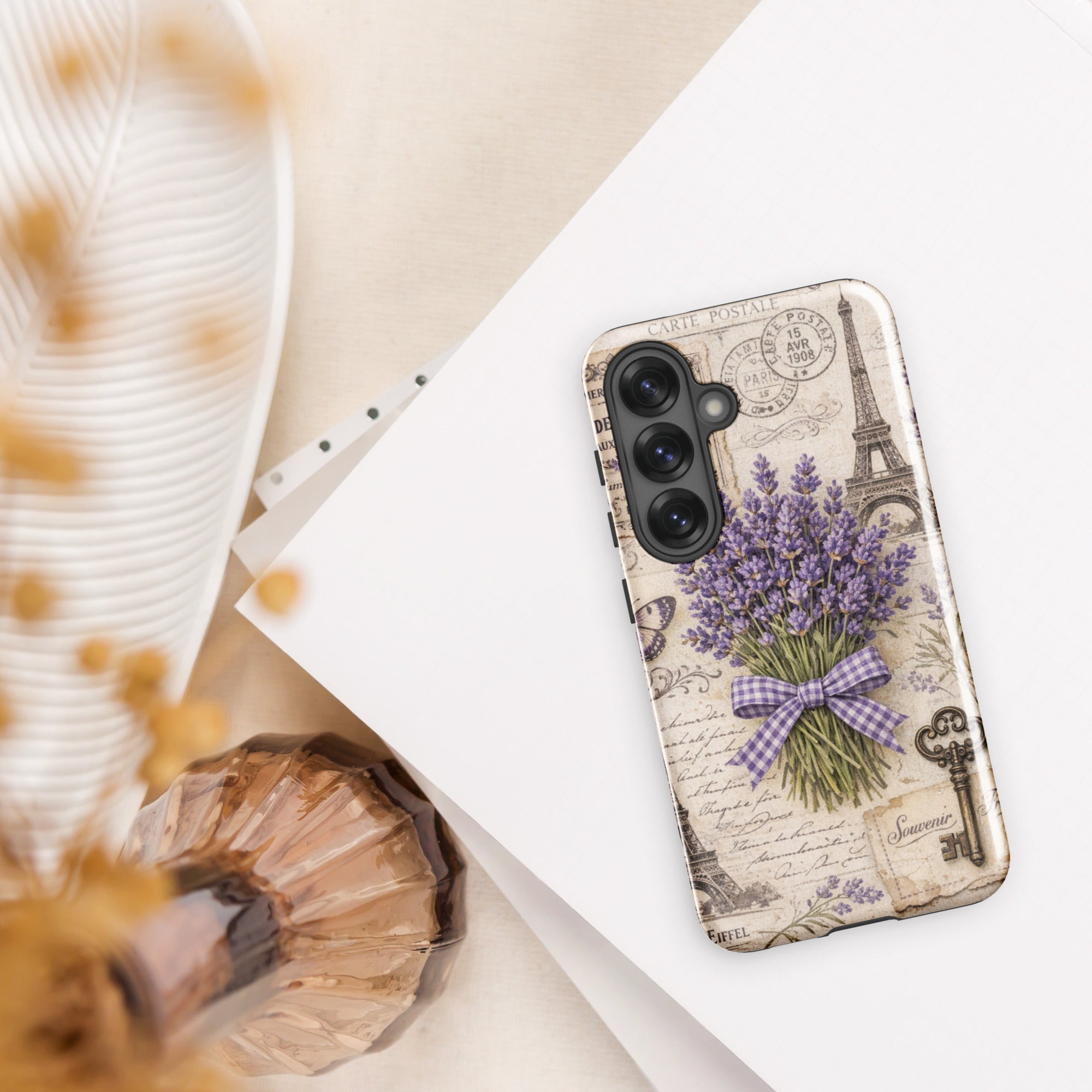 Vintage Paris Lavender Tough Case for Samsung Galaxy S25 – Dual Layer Protective Phone Case (Glossy or Matte)