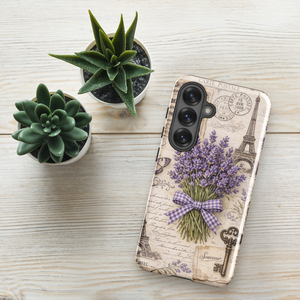 Vintage Paris Lavender Tough Case for Samsung Galaxy S25 – Dual Layer Protective Phone Case (Glossy or Matte)
