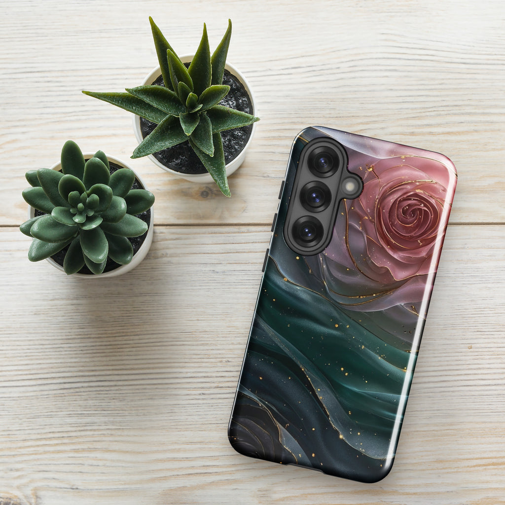 Elegant Rose Marble Tough Case for Samsung Galaxy S25 – Dual Layer Protective Phone Case (Glossy or Matte)
