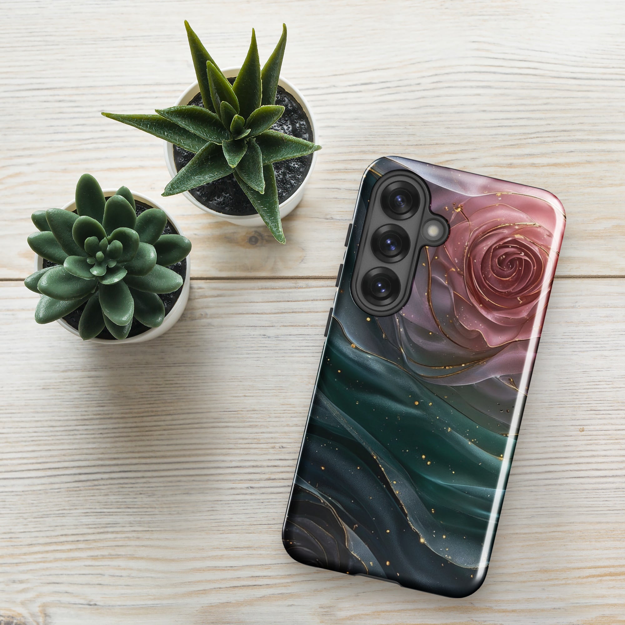 Elegant Rose Marble Tough Case for Samsung Galaxy S25 – Dual Layer Protective Phone Case (Glossy or Matte)
