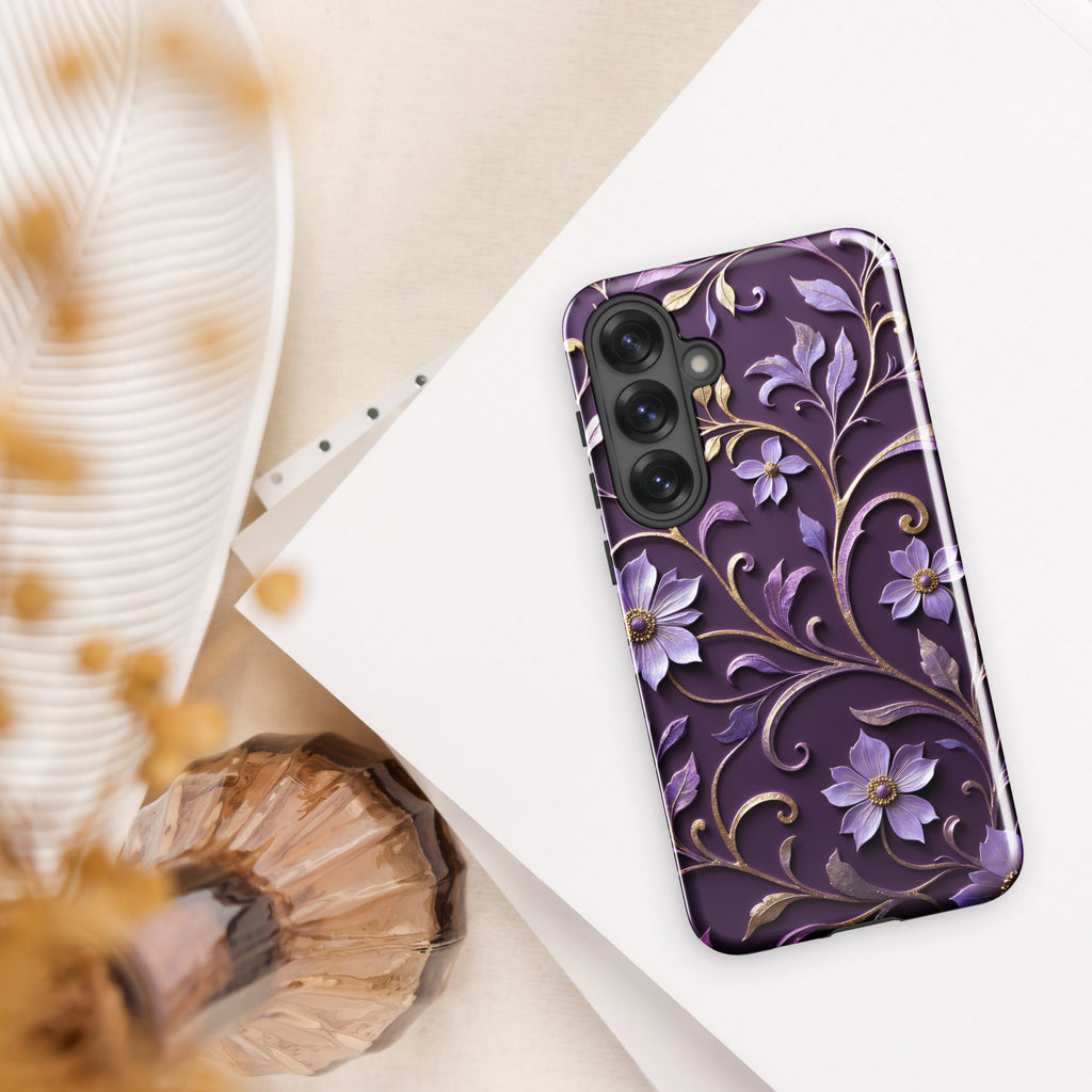 Royal Violet Filigree Tough Case for Samsung Galaxy S25 Plus – Dual Layer Protective Phone Case (Glossy or Matte)