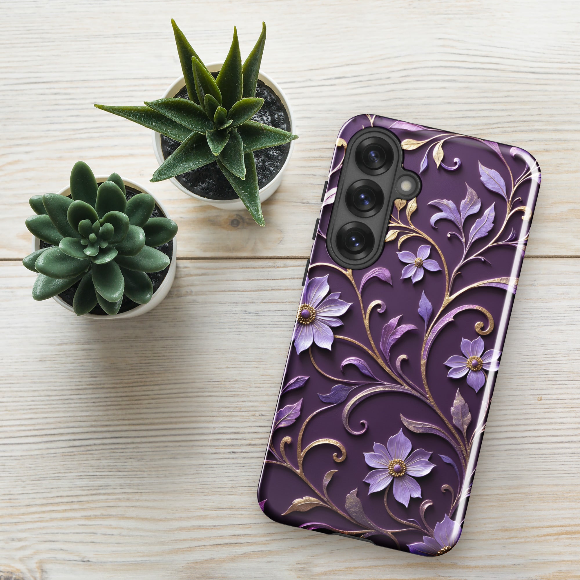 Royal Violet Filigree Tough Case for Samsung Galaxy S25 Plus – Dual Layer Protective Phone Case (Glossy or Matte)