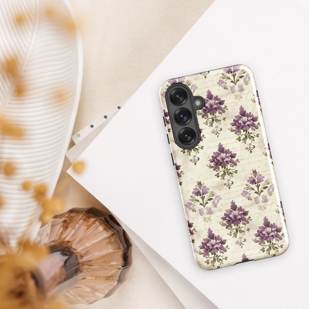 Vintage Floral Damask Tough Case for Samsung Galaxy S25 Plus – Dual Layer Protective Phone Case (Glossy or Matte)