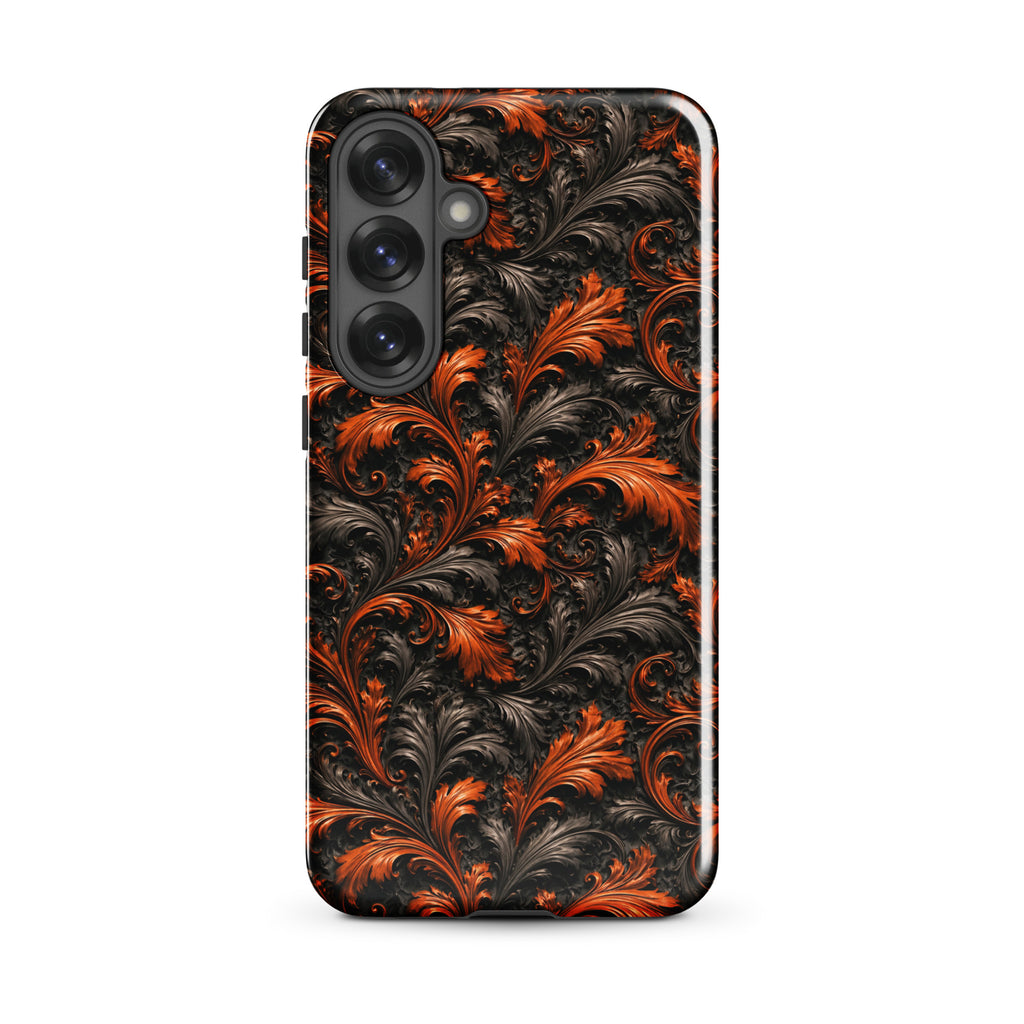 Burnt Orange Filigree Tough Case for Samsung Galaxy S25 Plus – Dual Layer Protective Phone Case (Glossy or Matte)