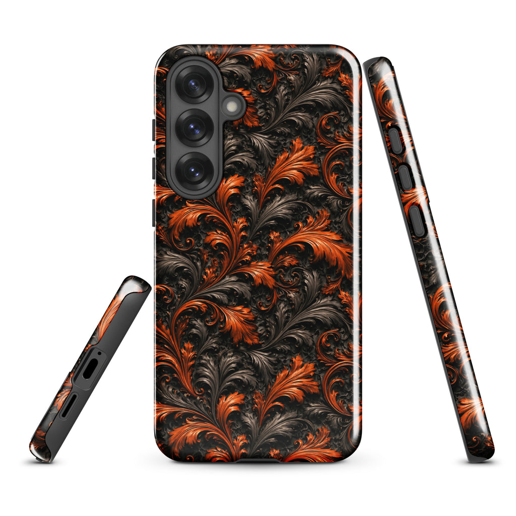 Burnt Orange Filigree Tough Case for Samsung Galaxy S25 Plus – Dual Layer Protective Phone Case (Glossy or Matte)