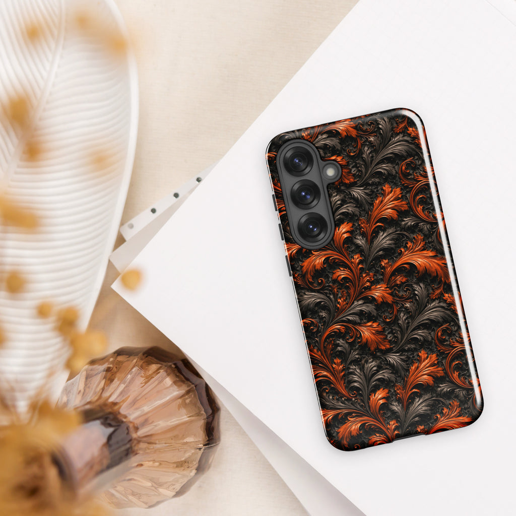 Burnt Orange Filigree Tough Case for Samsung Galaxy S25 Plus – Dual Layer Protective Phone Case (Glossy or Matte)