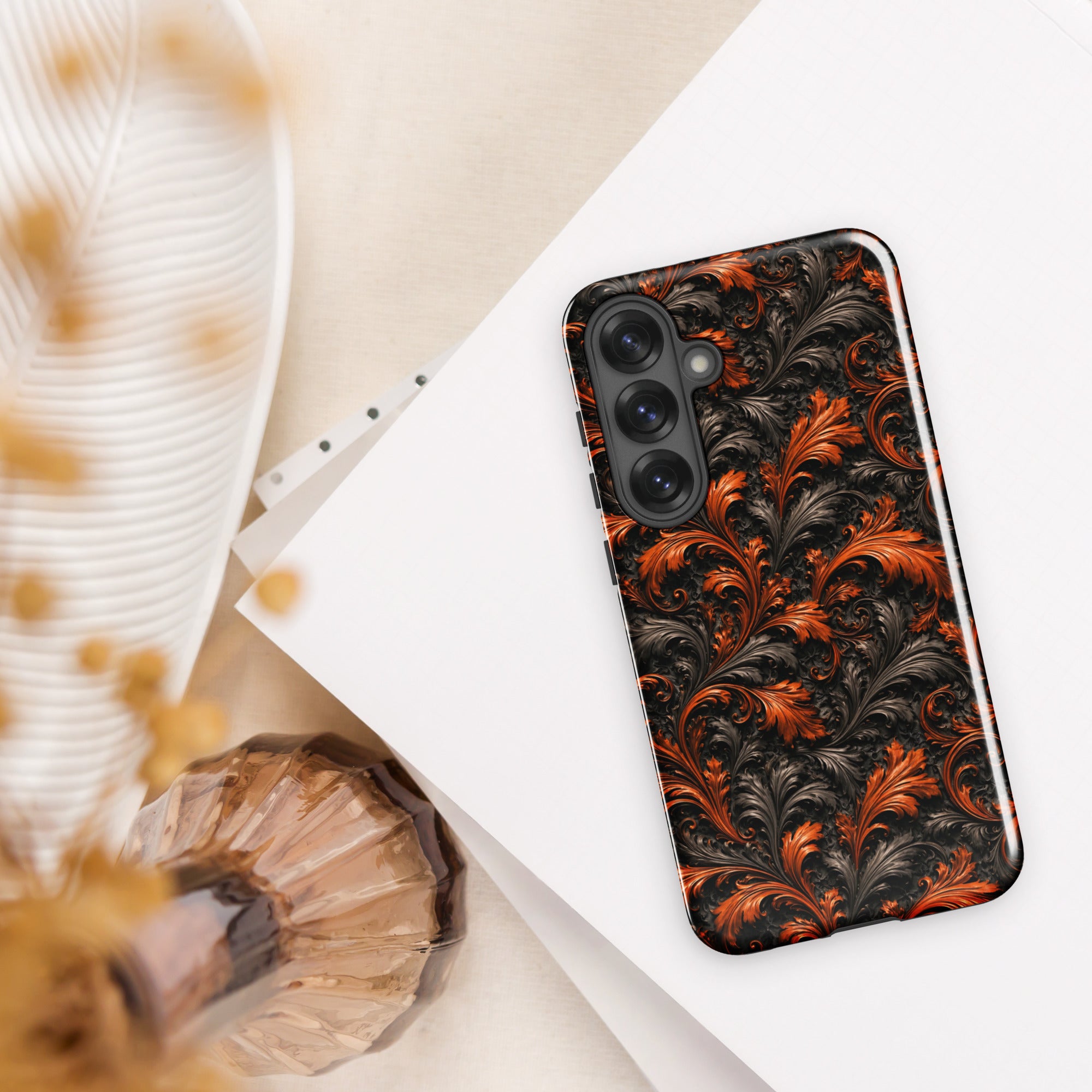 Burnt Orange Filigree Tough Case for Samsung Galaxy S25 Plus – Dual Layer Protective Phone Case (Glossy or Matte)