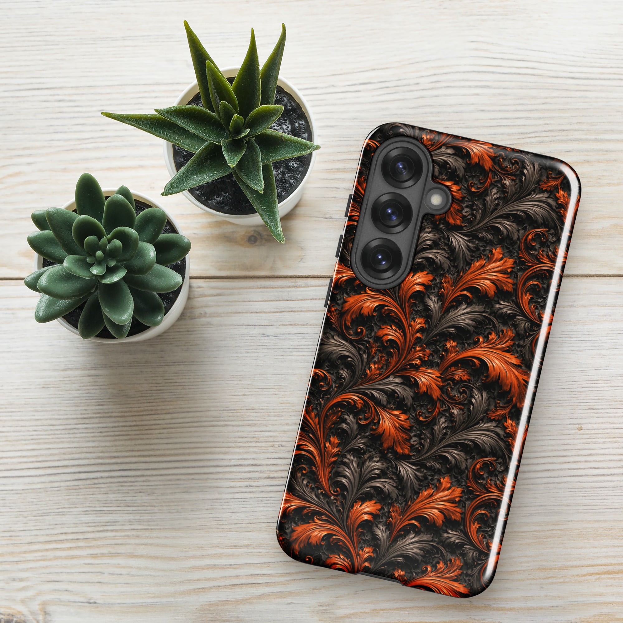 Burnt Orange Filigree Tough Case for Samsung Galaxy S25 Plus – Dual Layer Protective Phone Case (Glossy or Matte)
