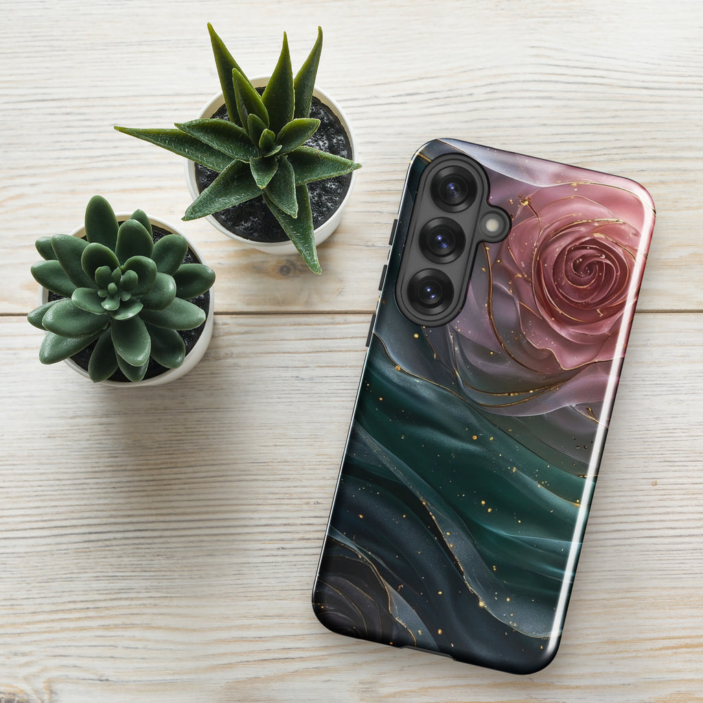 Elegant Rose Marble Tough Case for Samsung Galaxy S25 Plus – Dual Layer Protective Phone Case (Glossy or Matte)