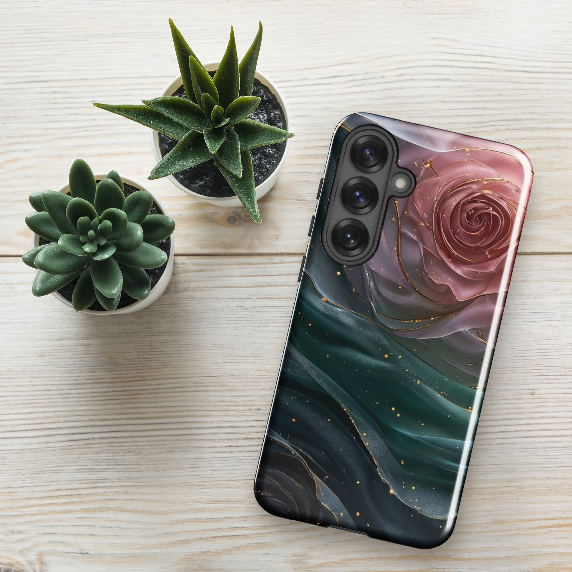 Elegant Rose Marble Tough Case for Samsung Galaxy S25 Plus – Dual Layer Protective Phone Case (Glossy or Matte)