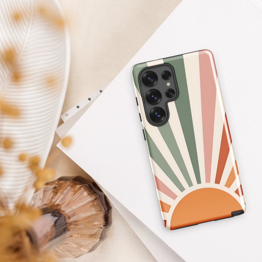 Retro Sunrise Tough Case for Samsung Galaxy S25 Ultra – Dual Layer Protective Phone Case (Glossy or Matte)