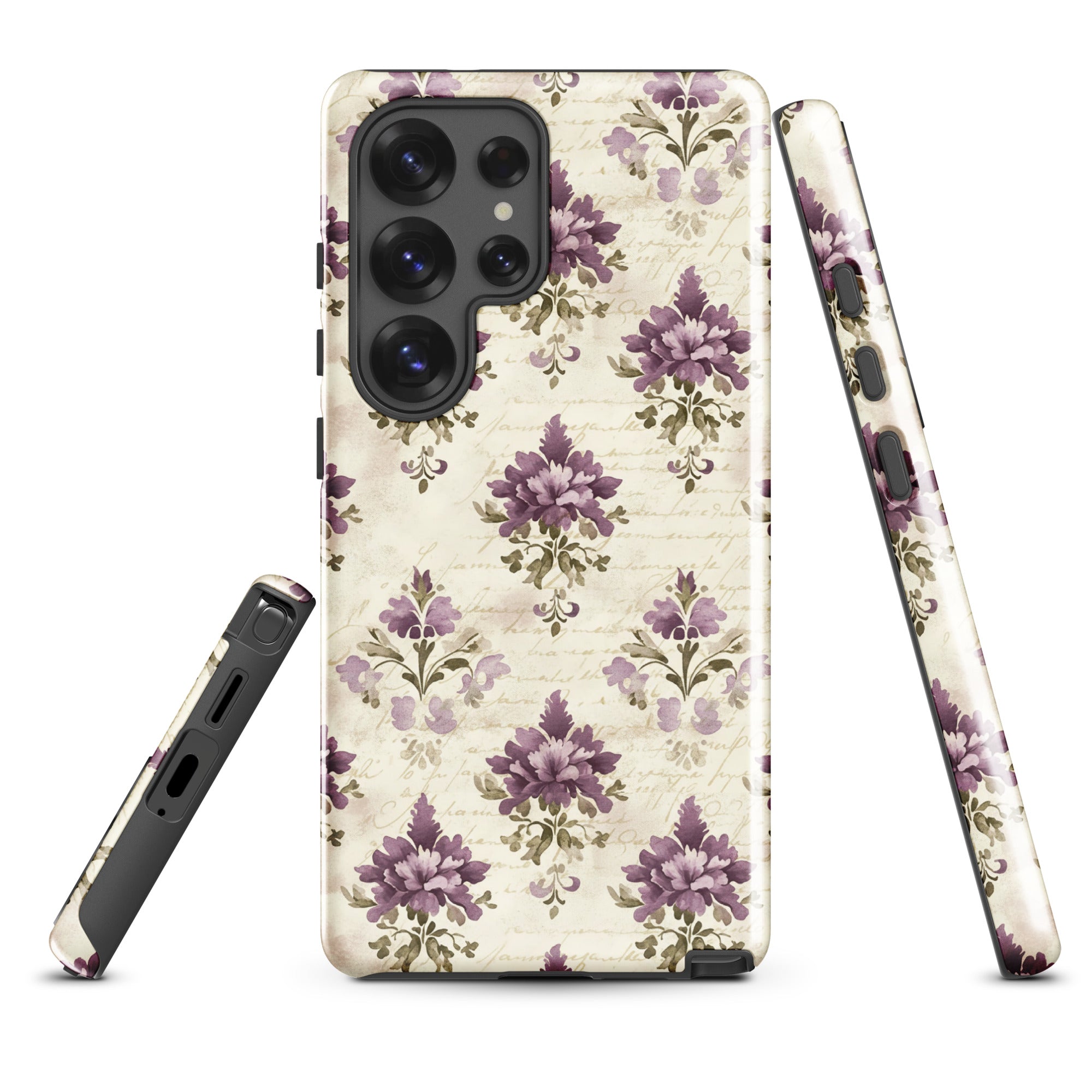 Vintage Floral Damask Tough Case for Samsung Galaxy S25 Ultra – Dual Layer Protective Phone Case (Glossy or Matte)