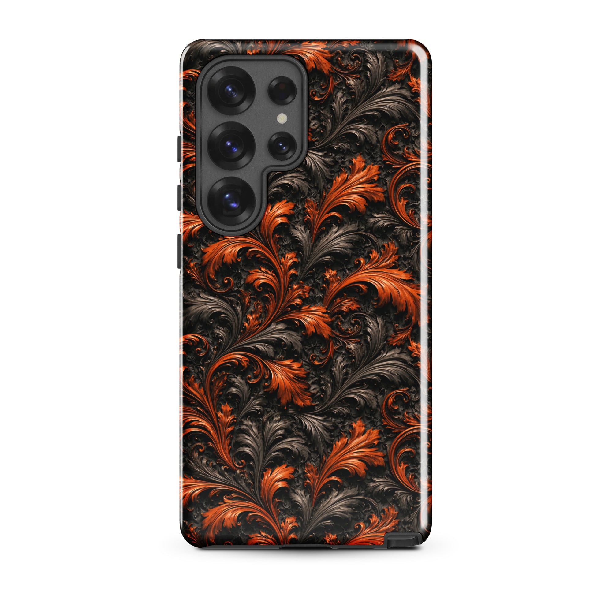 Burnt Orange Filigree Tough Case for Samsung Galaxy S25 Ultra – Dual Layer Protective Phone Case (Glossy or Matte)