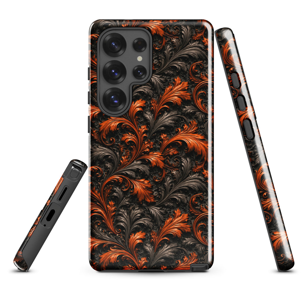 Burnt Orange Filigree Tough Case for Samsung Galaxy S25 Ultra – Dual Layer Protective Phone Case (Glossy or Matte)