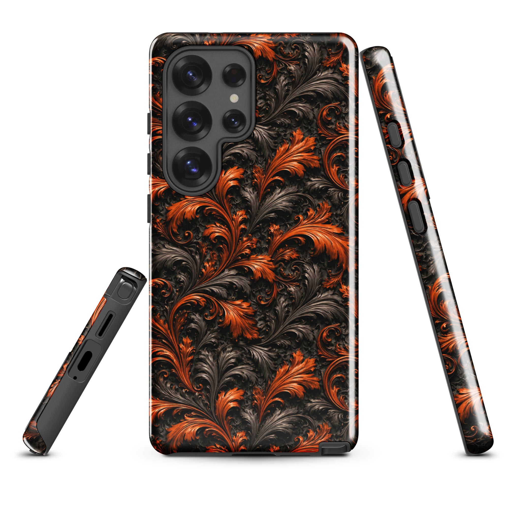 Burnt Orange Filigree Tough Case for Samsung Galaxy S25 Ultra – Dual Layer Protective Phone Case (Glossy or Matte)